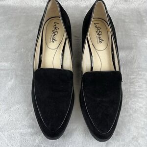 Life Stride Devyn Sz 9W Soft‎ System Black Faux Suede Pump Shoe 2" Block Heel